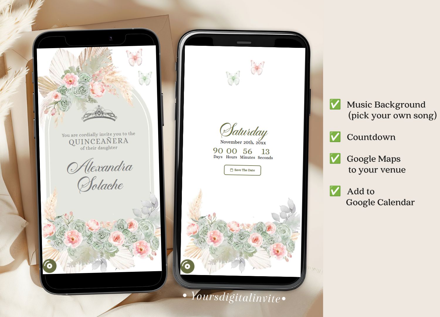 1+3 A18 blush2 A18 Boho Sage Green and Blush Pink Pampass Grass Quinceanera Invitation