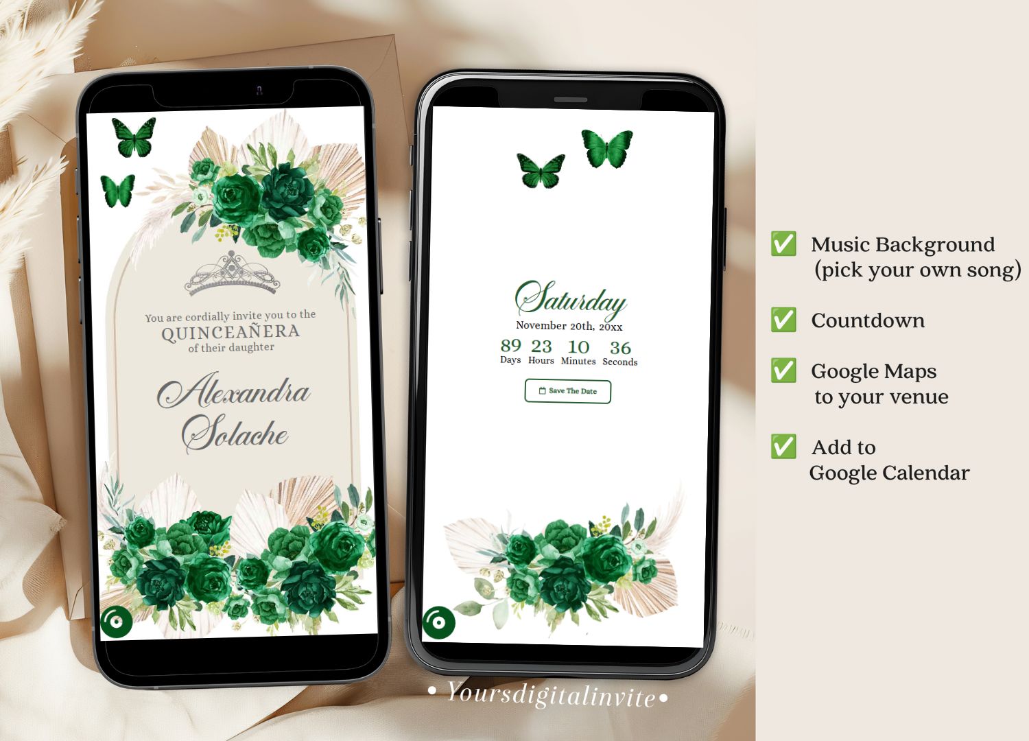 Boho Emerald Green Pampas Grass Quinceanera Invitation