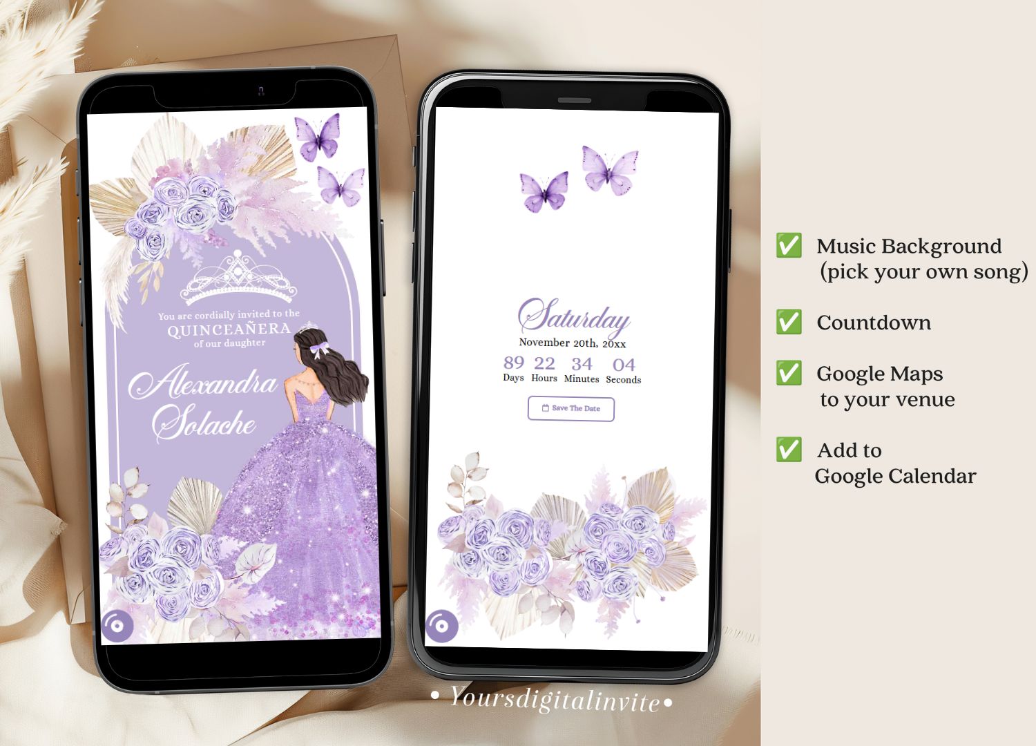 Purple Boho Princess Quinceanera Invitation