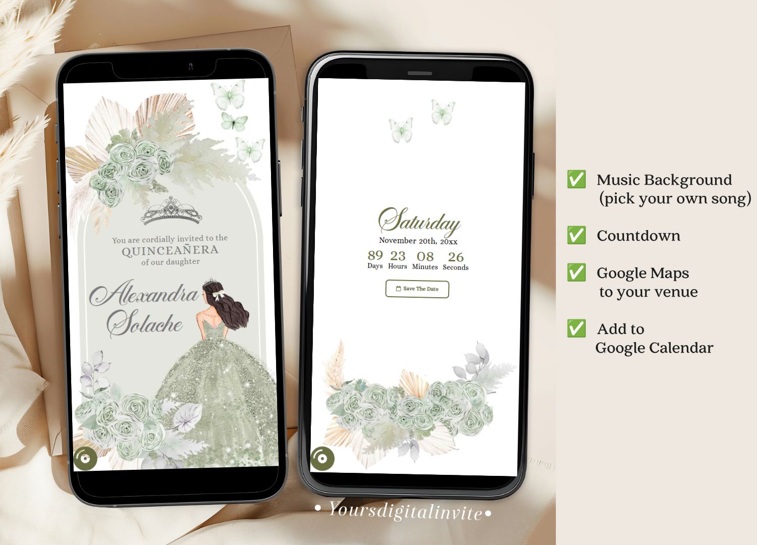 1+3 A18 sage A18 Boho Sage Green Pampass Grass Quinceanera Princess Invitation