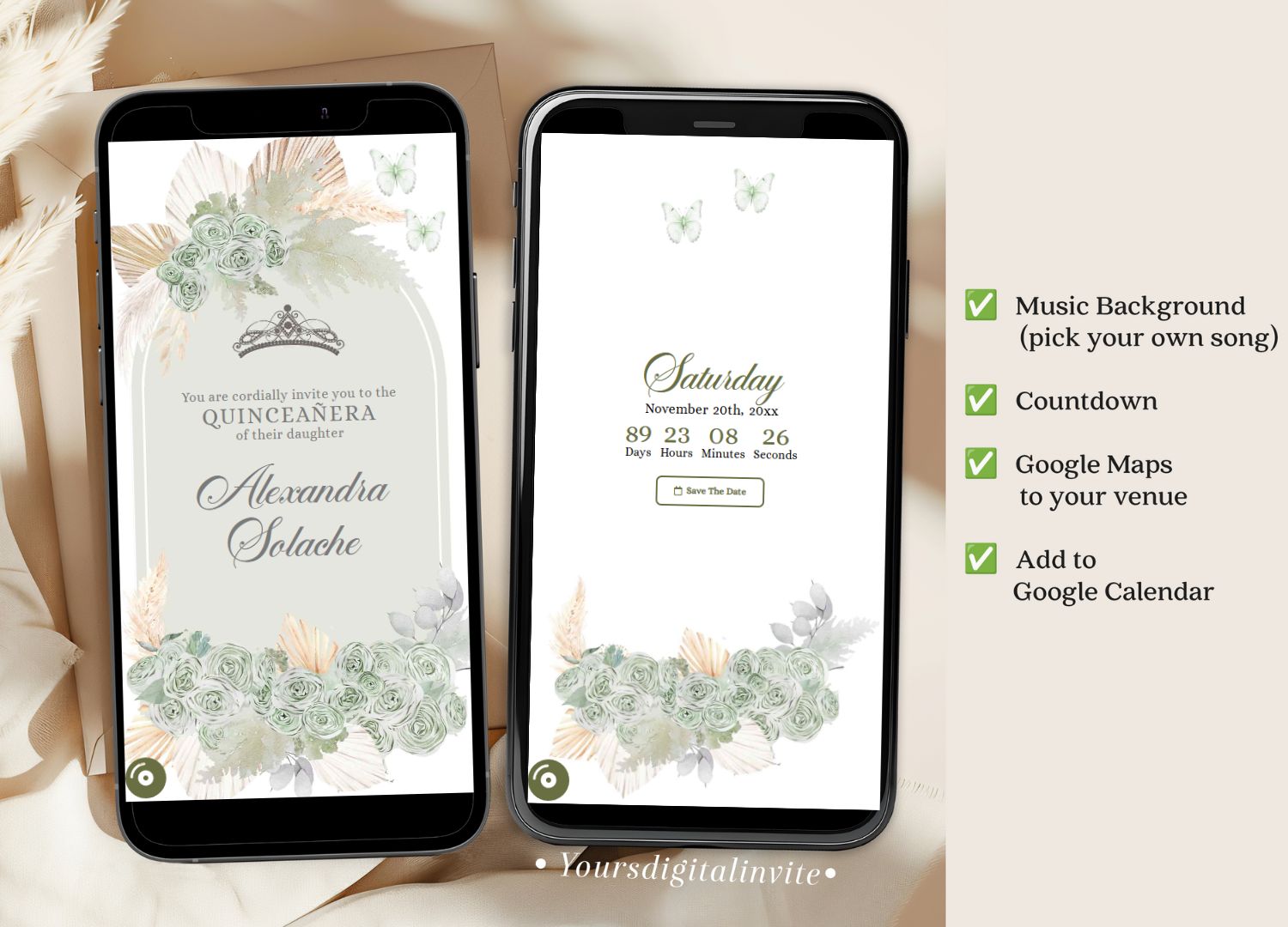 1+3 A18 sega Sage Green Western Charra Quinceanera Princess Invitation