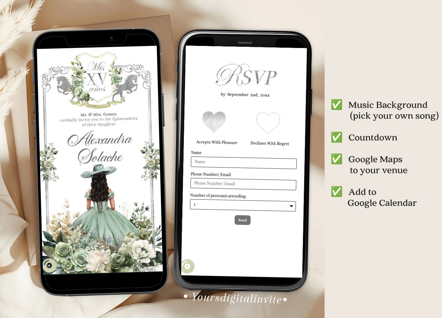 1+3 A19 Sage Sage Green Western Charra Quinceanera Princess Invitation