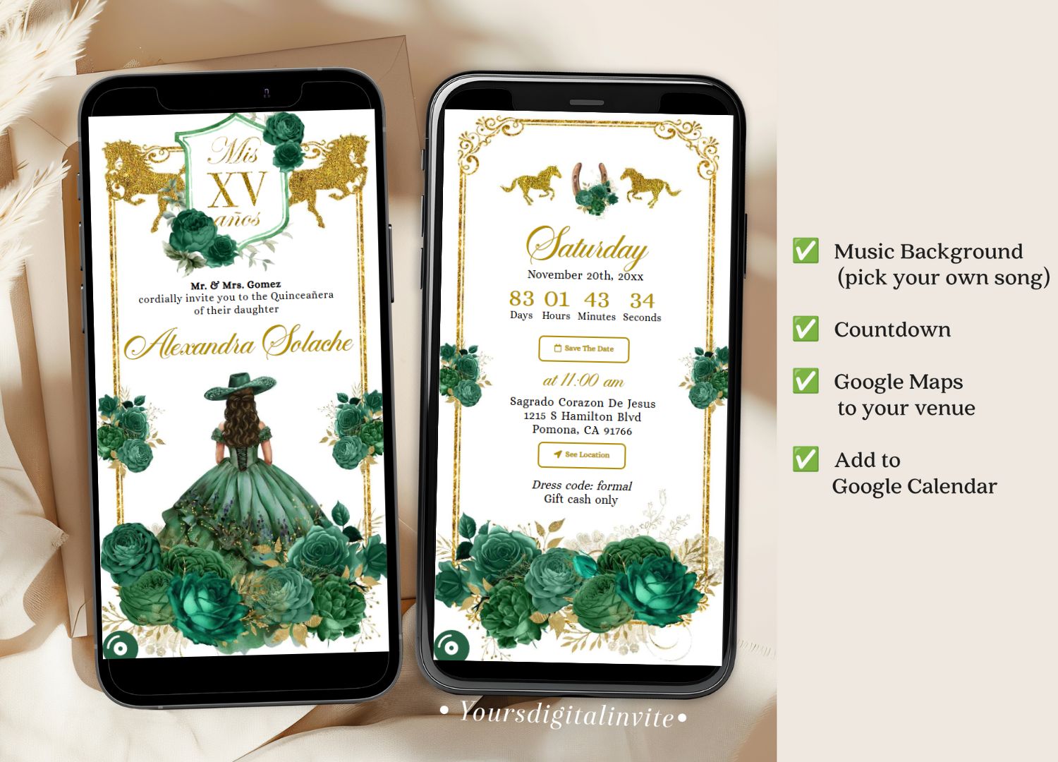 Emerald Green Western Charra Quinceanera Princess Invitation