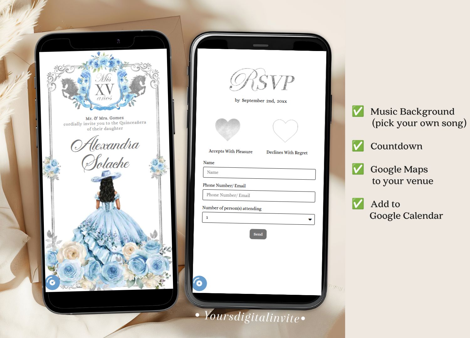 A19 Light Blue Rose Western Charra Quinceanera Princess Invitation