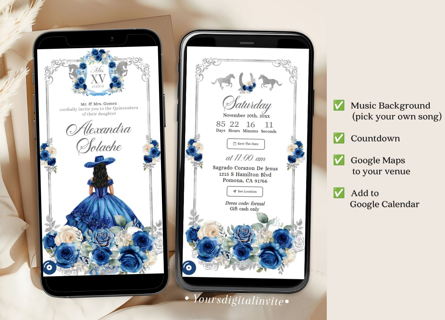 Navy Blue Rose Western Charra Quinceanera Princess Invitation