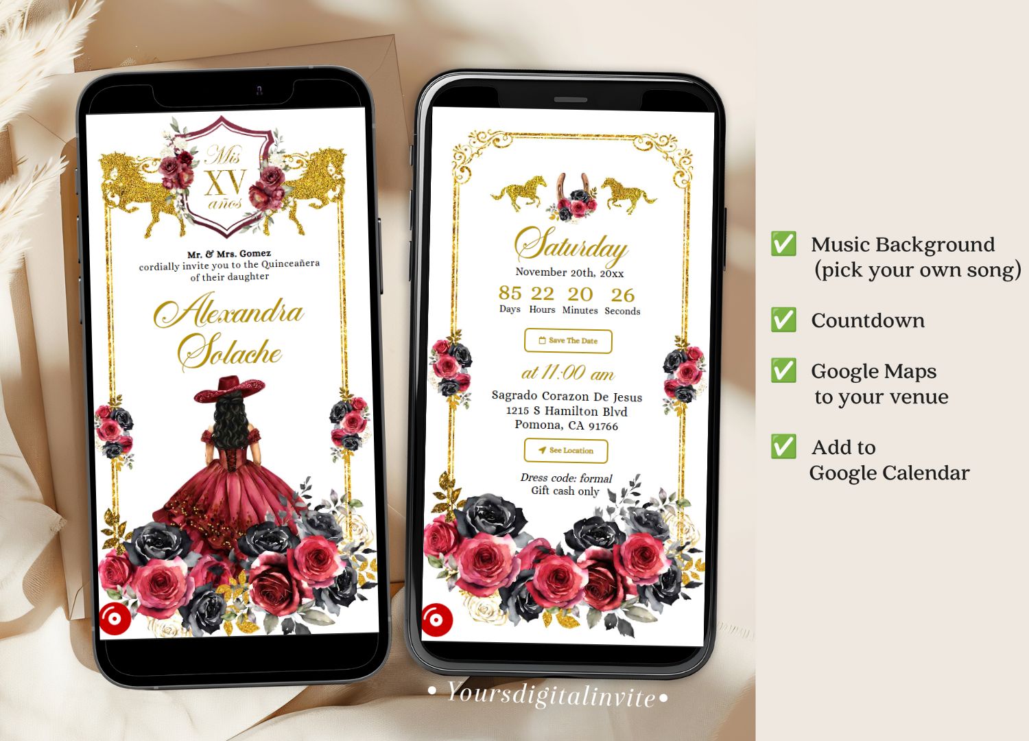 Black and Red Rose Western Charra Quinceanera Princess Invitation