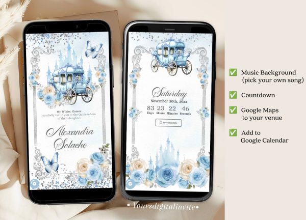A20 Blue Carriage Royal Castle Quinceanera Invitation