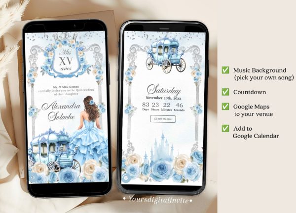 A20 Blue Carriage Royal Princess Quinceanera Invitation