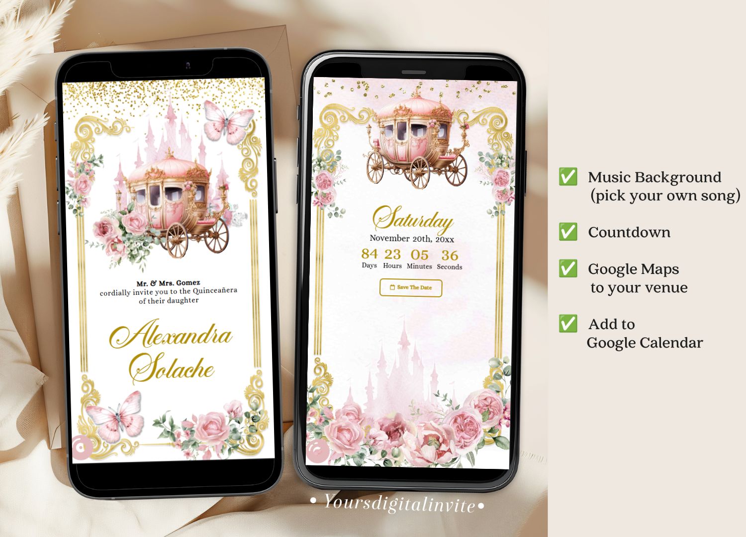 A20 Rose Gold Royal Castle Quinceanera Invitation