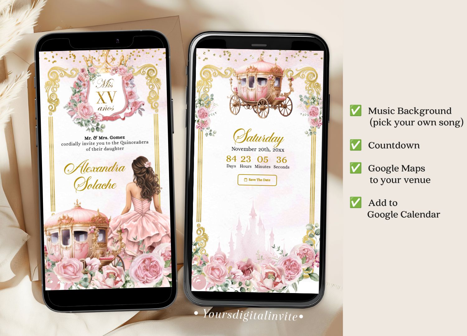 Rose Gold Royal Castle Princess Quinceanera Invitation