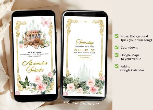 A20 Sage Green Pink Fairytale Princess Royal Carriage Quinceanera Invitation