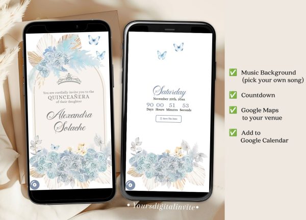 Baby Blue Boho Pampass Grass Quinceanera Invitation