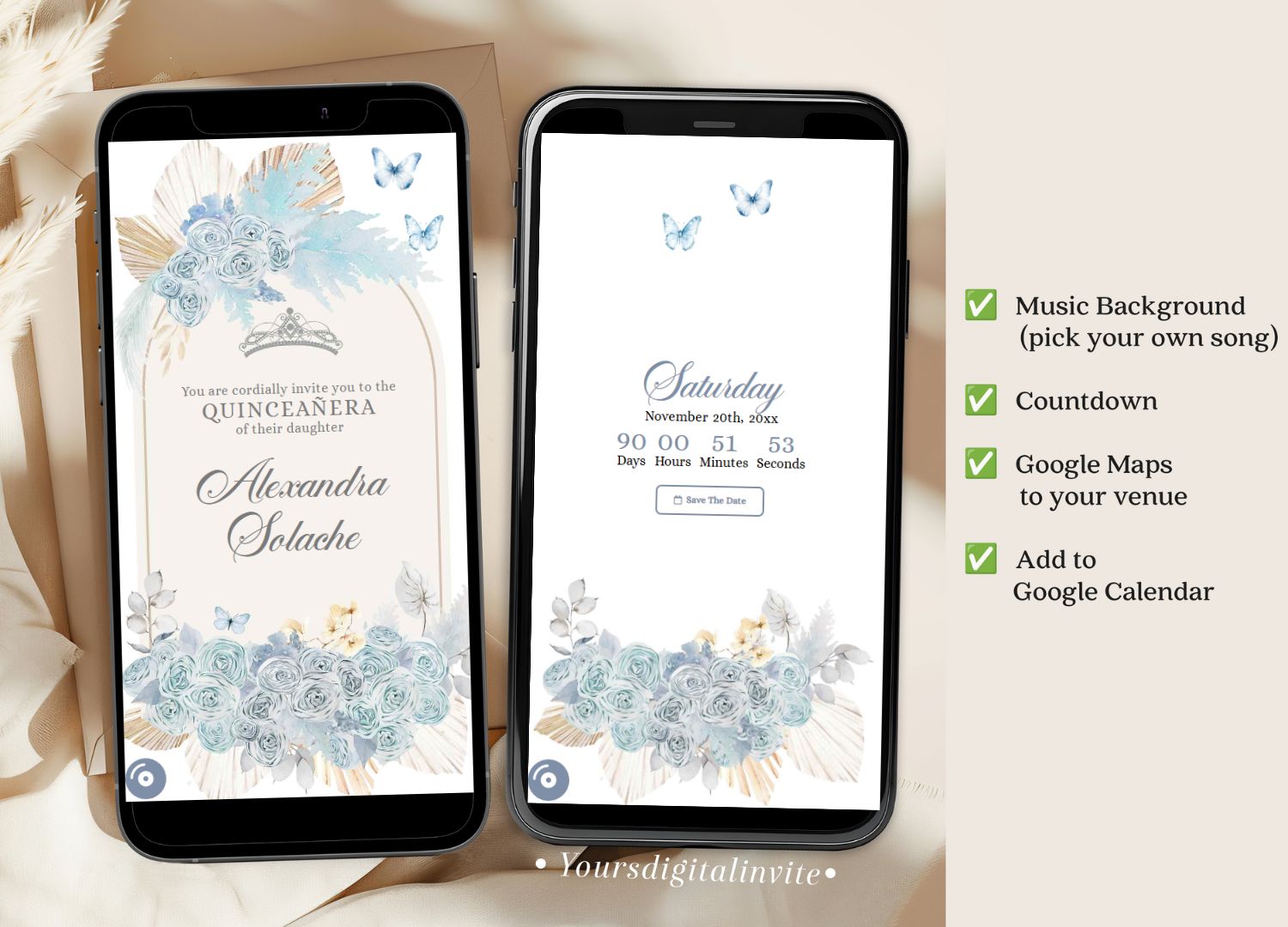 Baby Blue Boho Pampass Grass Quinceanera Invitation