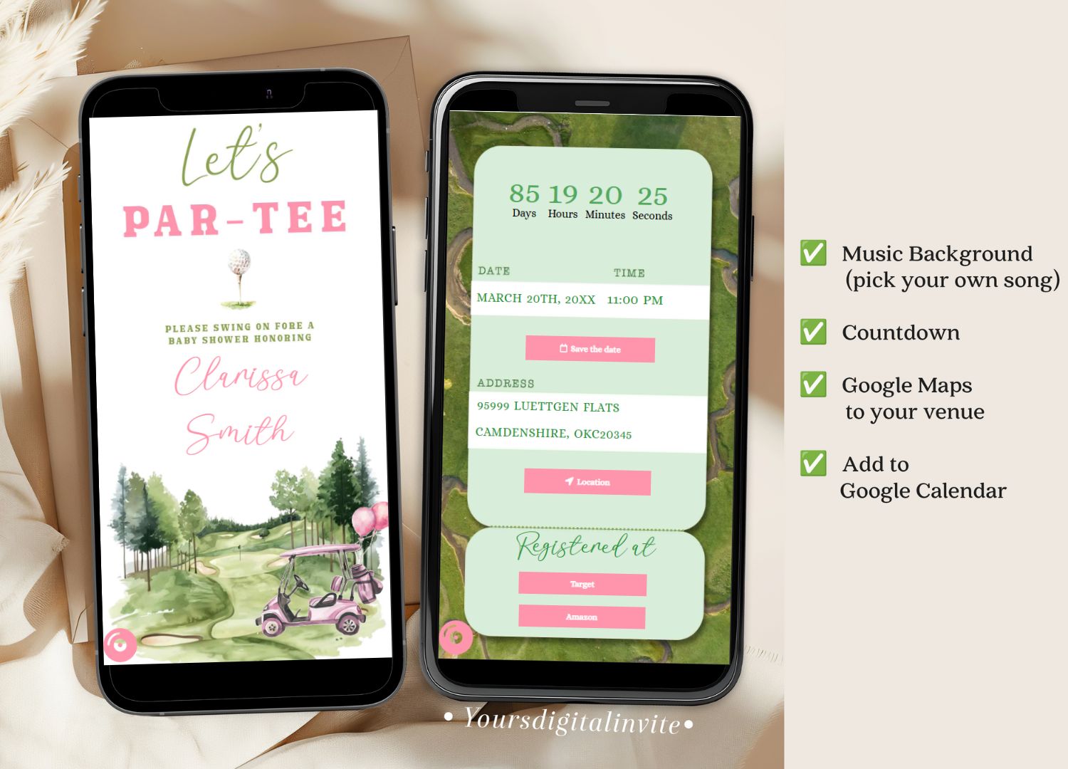 Golf Pink Girl Baby Shower Invitation