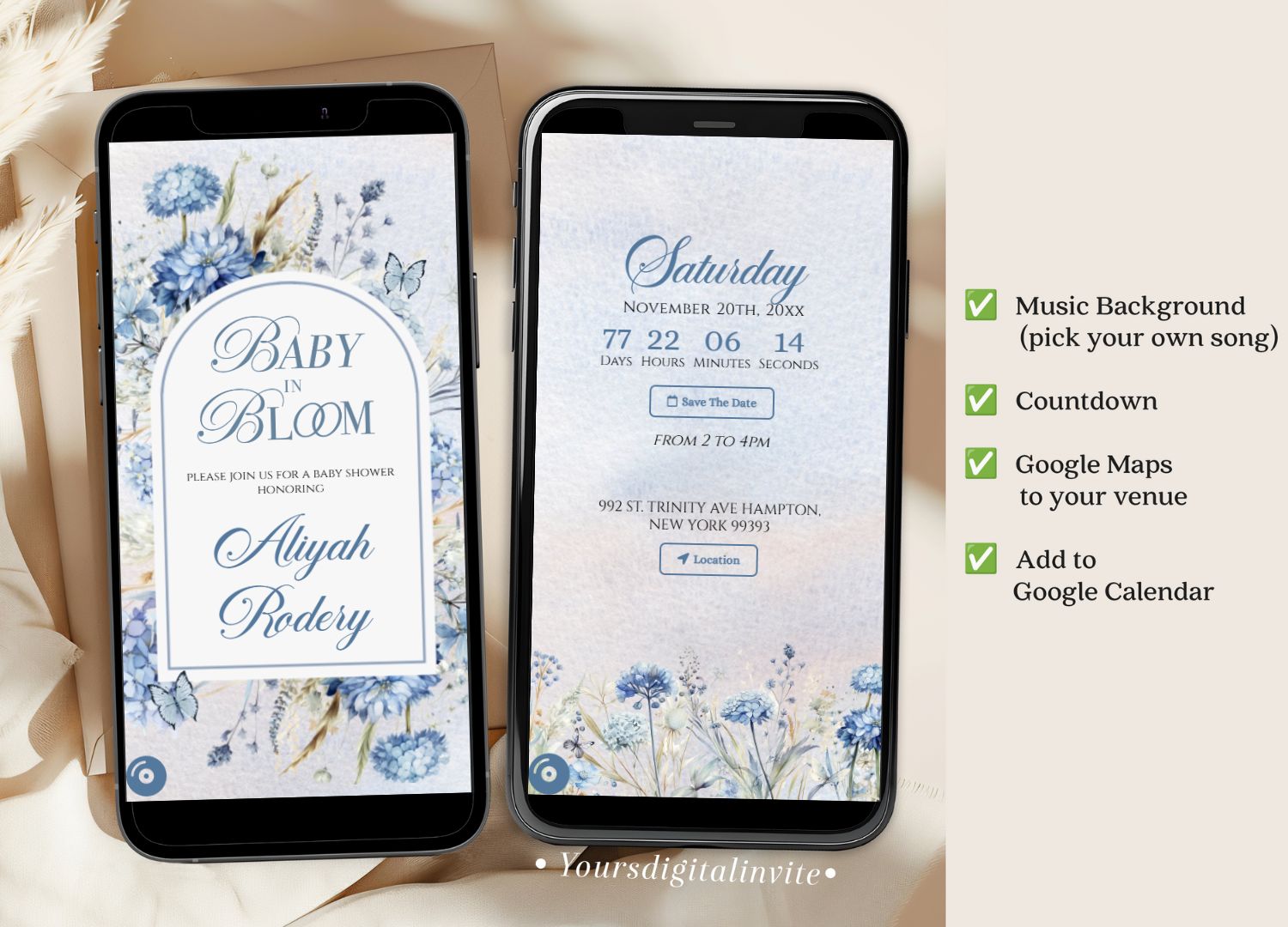 1+3 hyrd A4 Blue Hydrangea Baby Shower Invitation