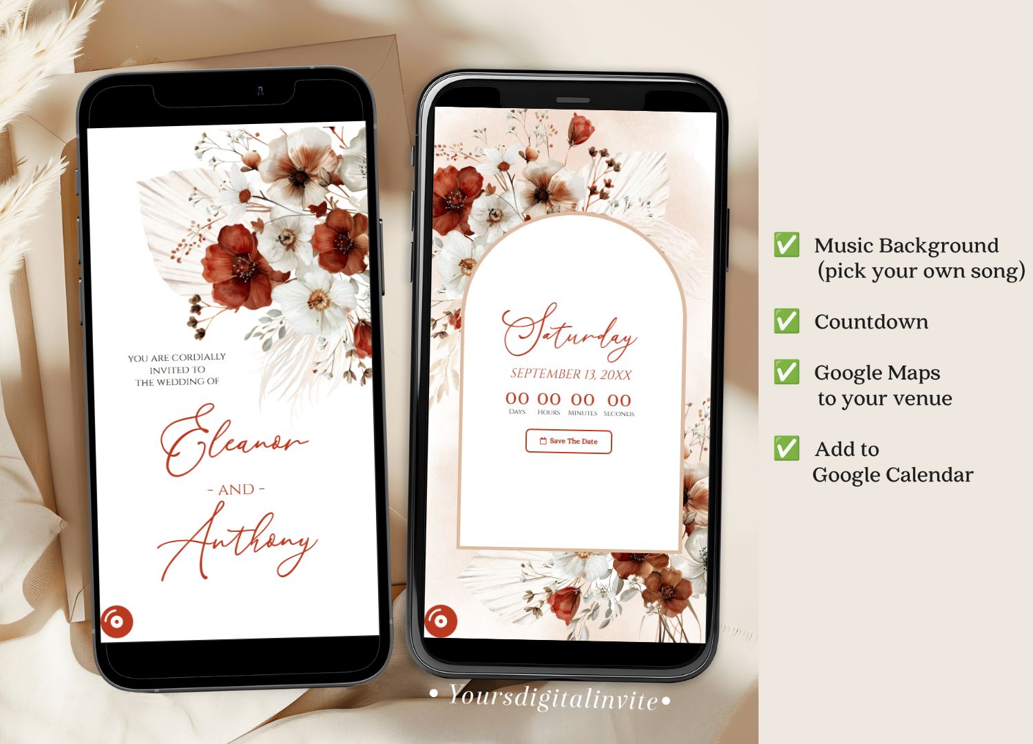 1+3 teracotta A5 Boho Teracotta Floral Wedding Invitation
