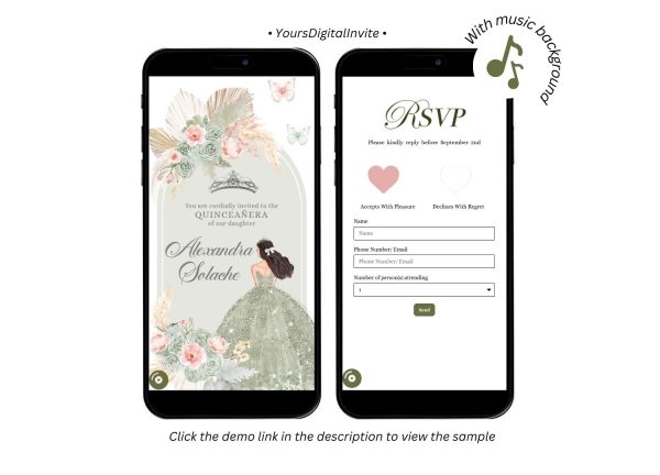 Boho Sage Green and Blush Pink Pampass Grass Quinceanera Princess Invitation