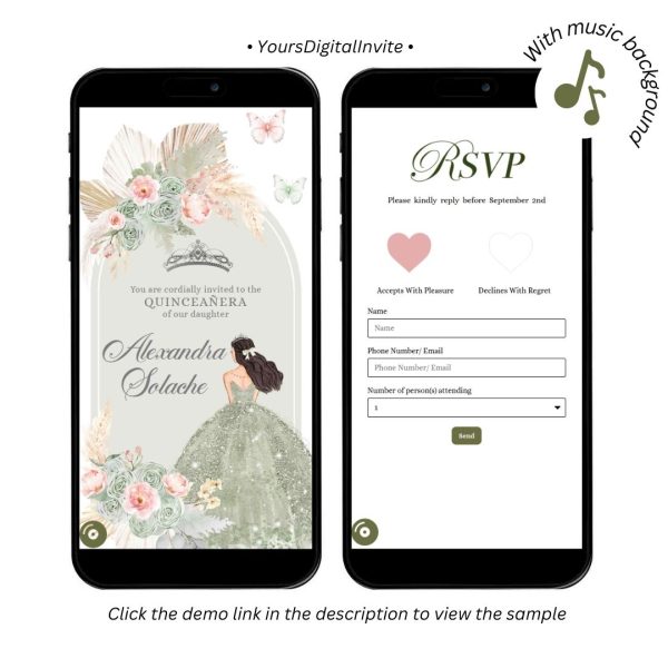 Boho Sage Green and Blush Pink Pampass Grass Quinceanera Princess Invitation