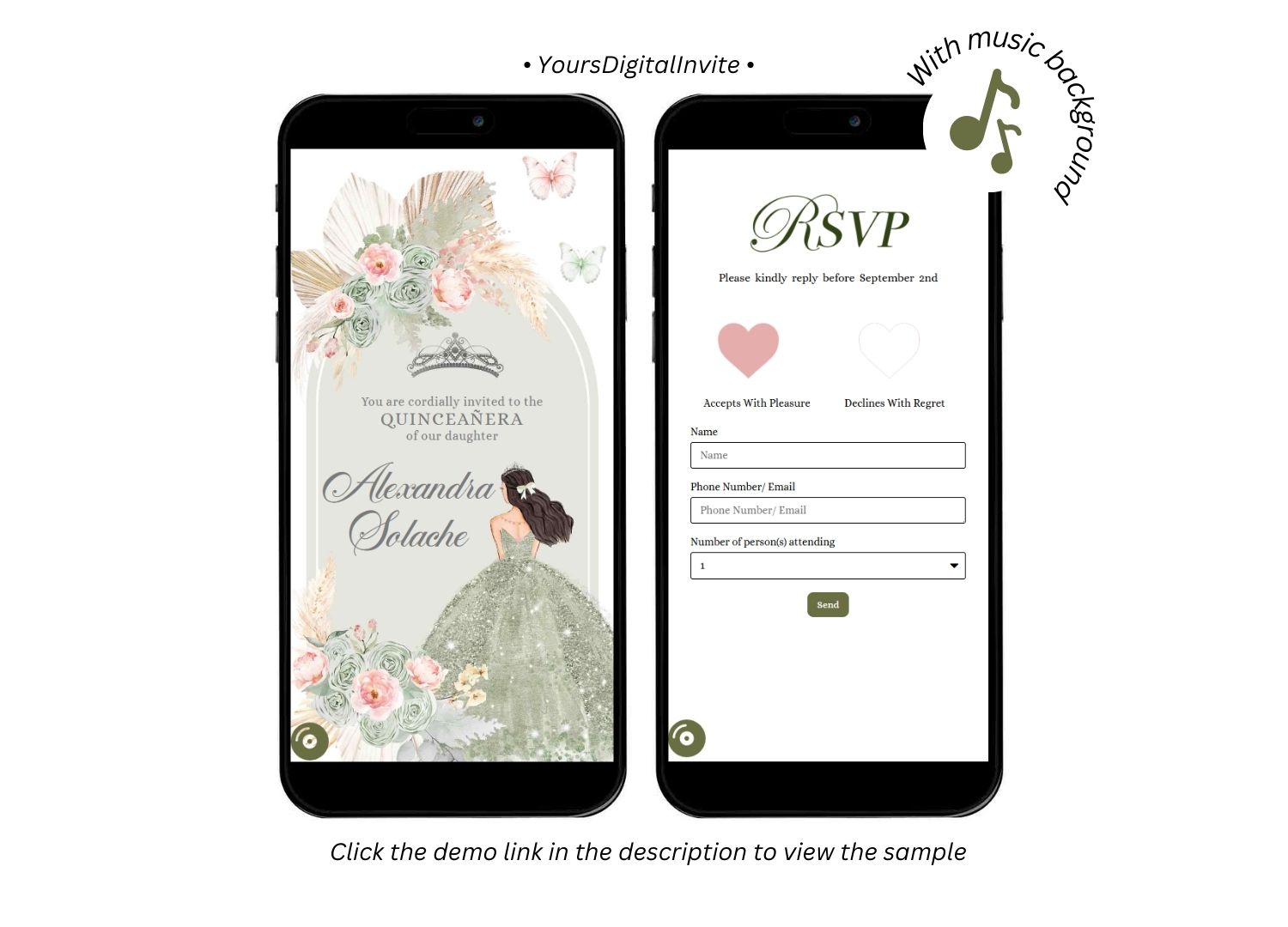 1+4 (1) A18 Blush Boho Sage Green and Blush Pink Pampass Grass Quinceanera Princess Invitation