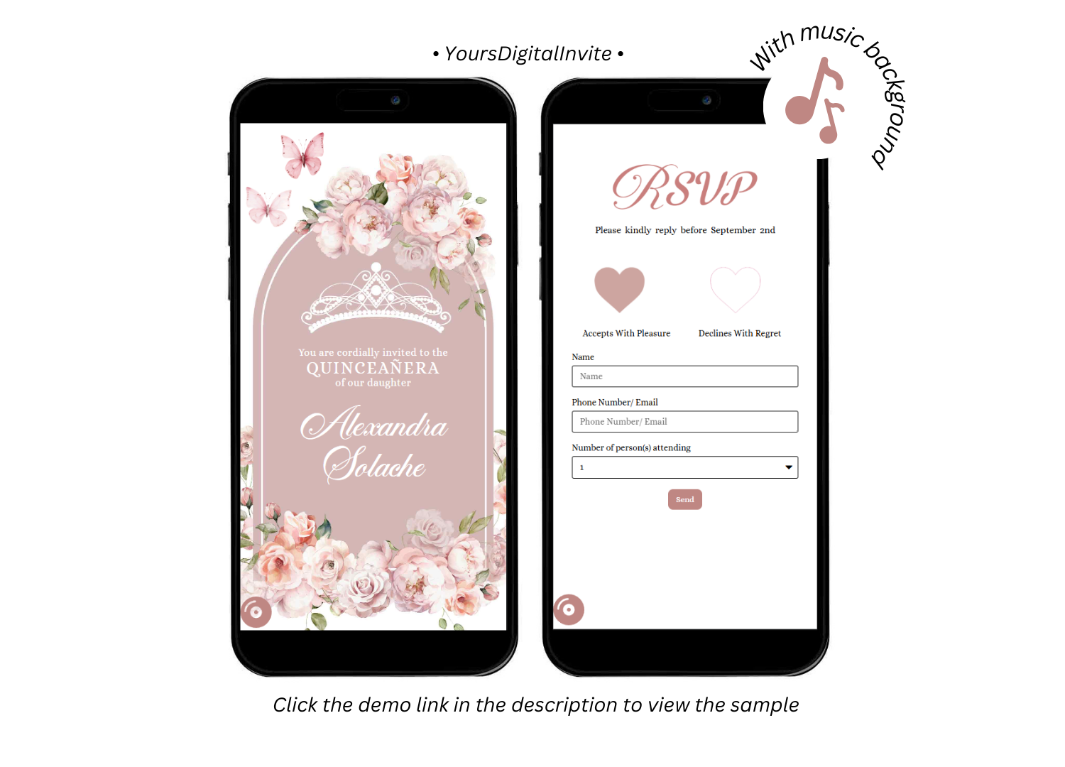 1+4 (1) A18 Pink2 Butterfly Rose Gold Pink Quinceanera Invitation