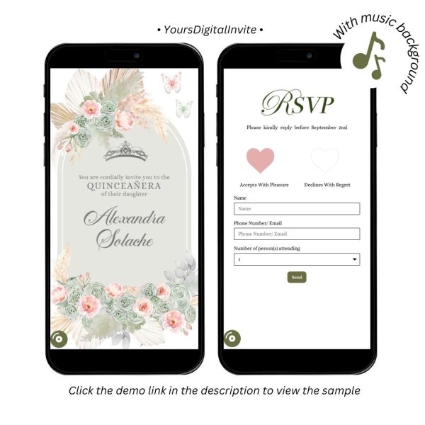 A18 Boho Sage Green and Blush Pink Pampass Grass Quinceanera Invitation