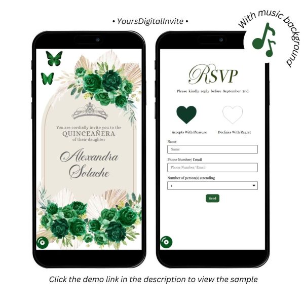 Boho Emerald Green Pampas Grass Quinceanera Invitation