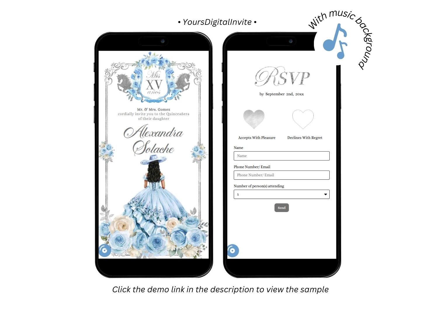 A19 Light Blue Rose Western Charra Quinceanera Princess Invitation