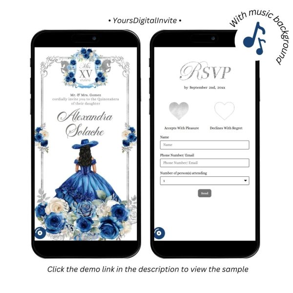 Navy Blue Rose Western Charra Quinceanera Princess Invitation