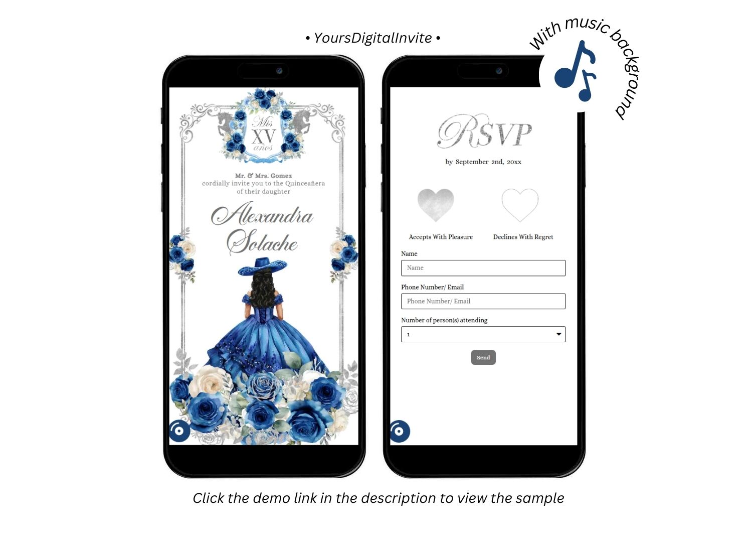 Navy Blue Rose Western Charra Quinceanera Princess Invitation
