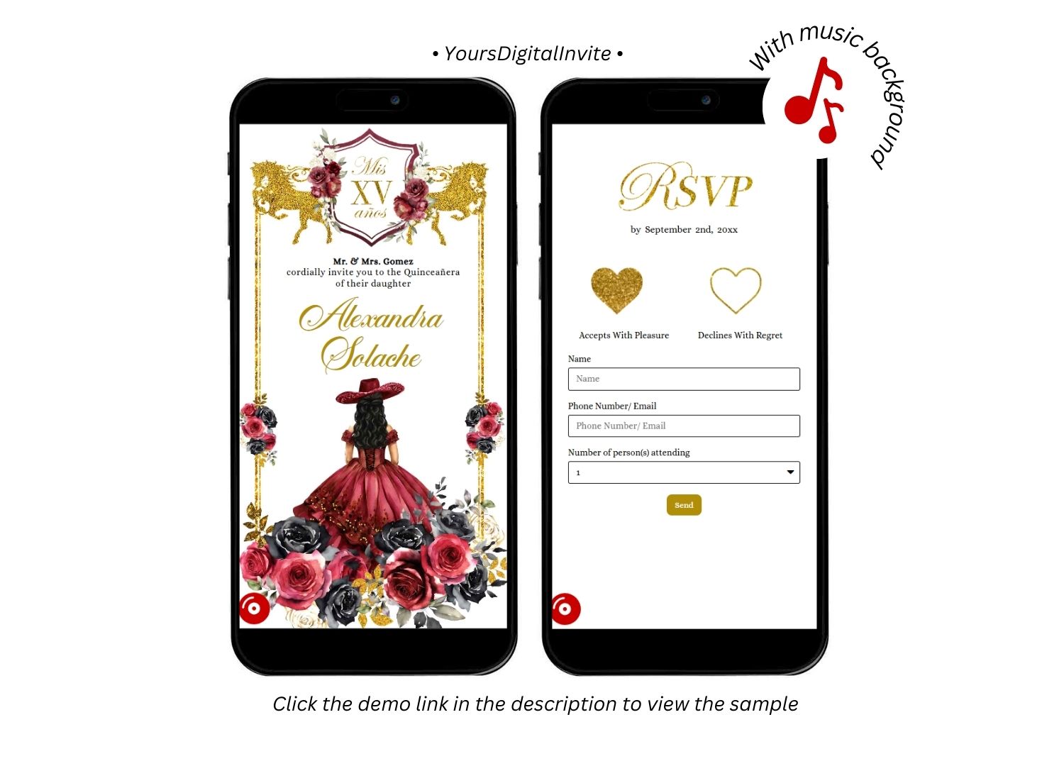 Black and Red Rose Western Charra Quinceanera Princess Invitation