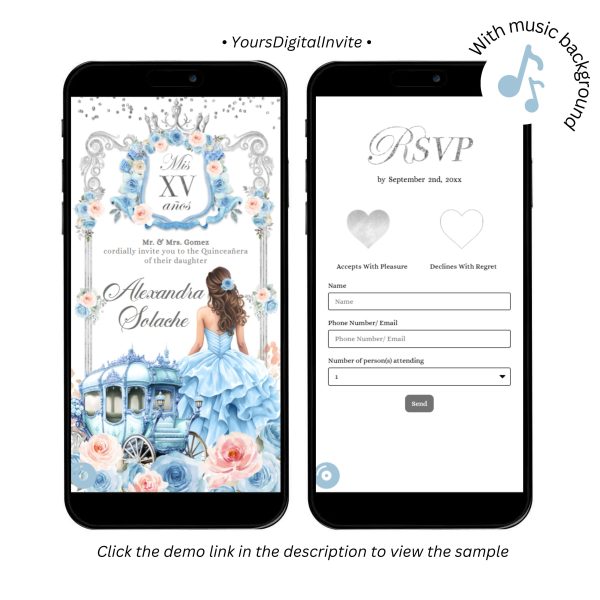A20 Blush Pink and Blue Carriage Royal Princess Quinceanera Invitation