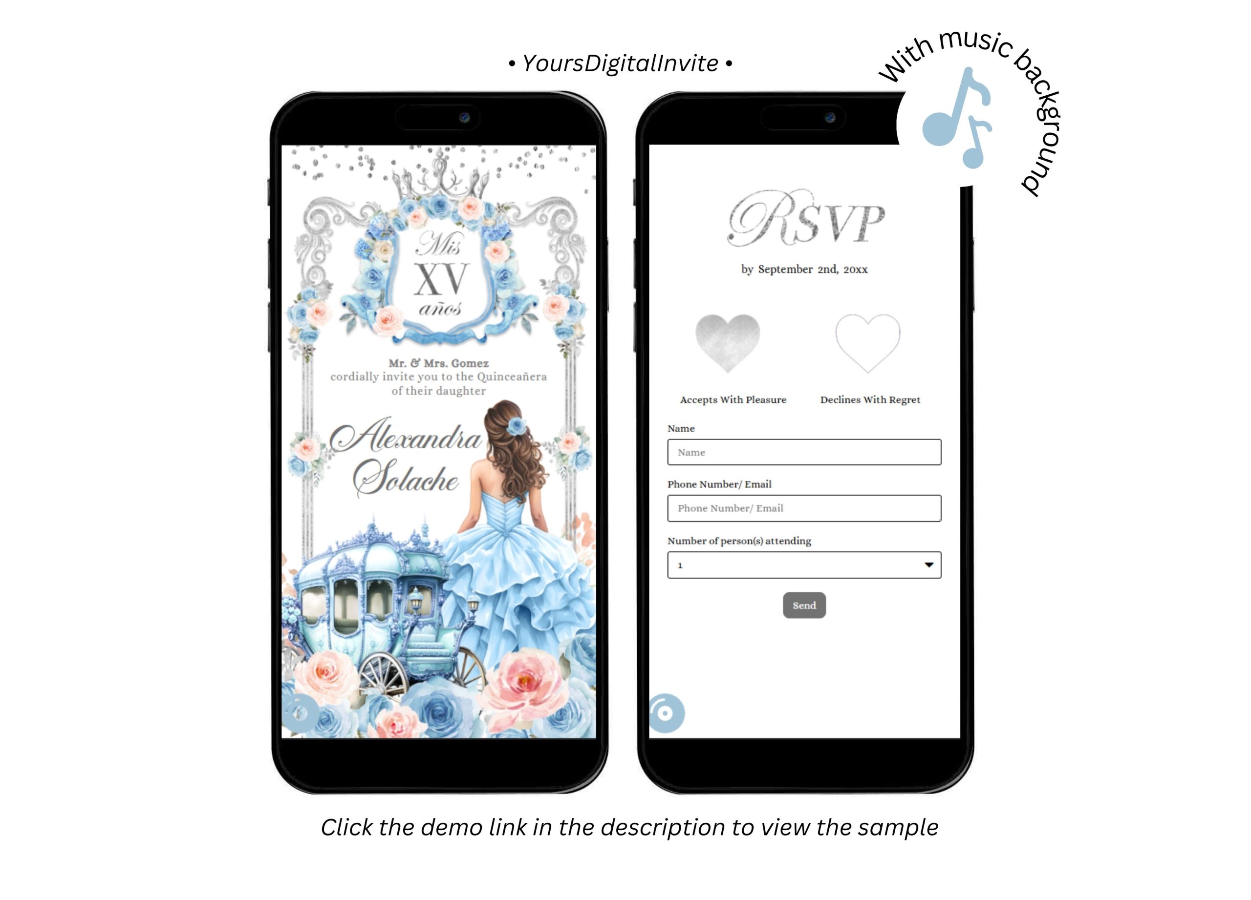 A20 Blush Pink and Blue Carriage Royal Princess Quinceanera Invitation