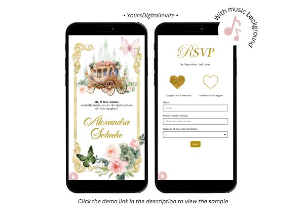 A20 Sage Green Pink Fairytale Princess Royal Carriage Quinceanera Invitation