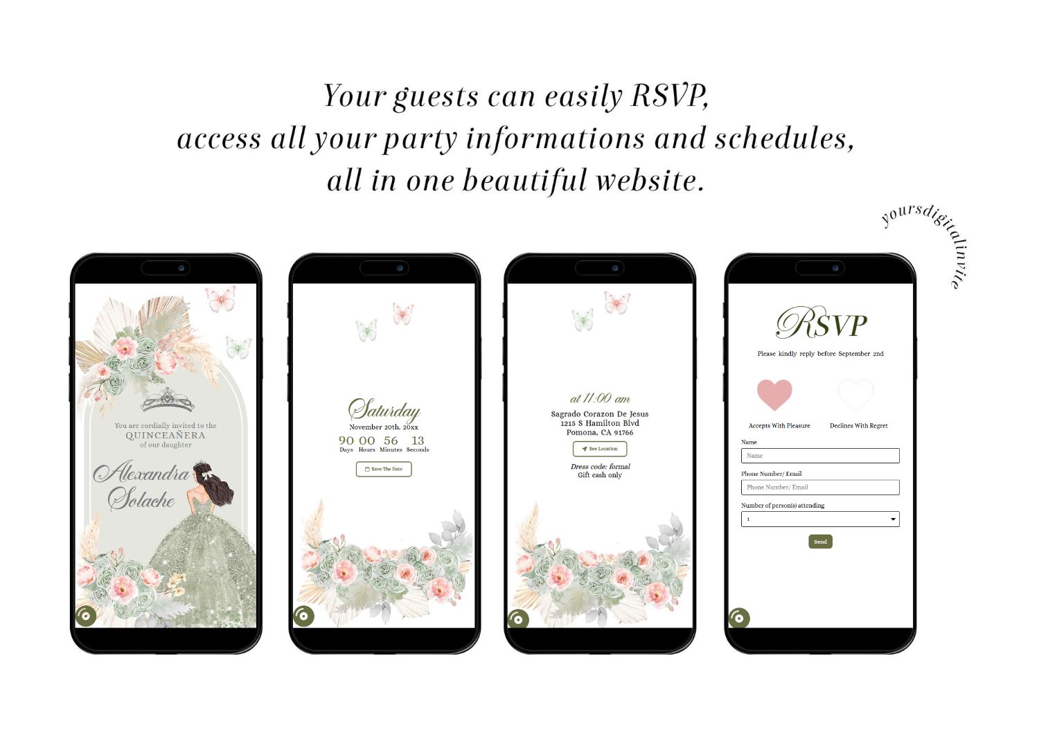 All A18 Blush Boho Sage Green and Blush Pink Pampass Grass Quinceanera Princess Invitation