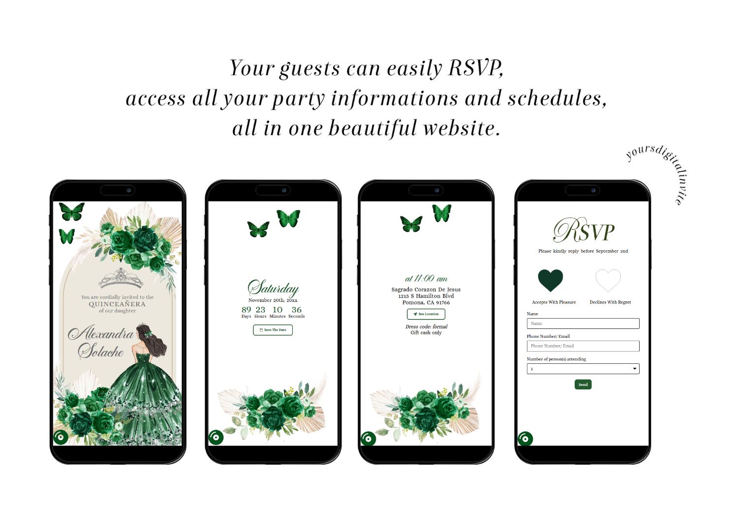 Boho Emerald Green Pampass Grass Quinceanera Princess Invitation