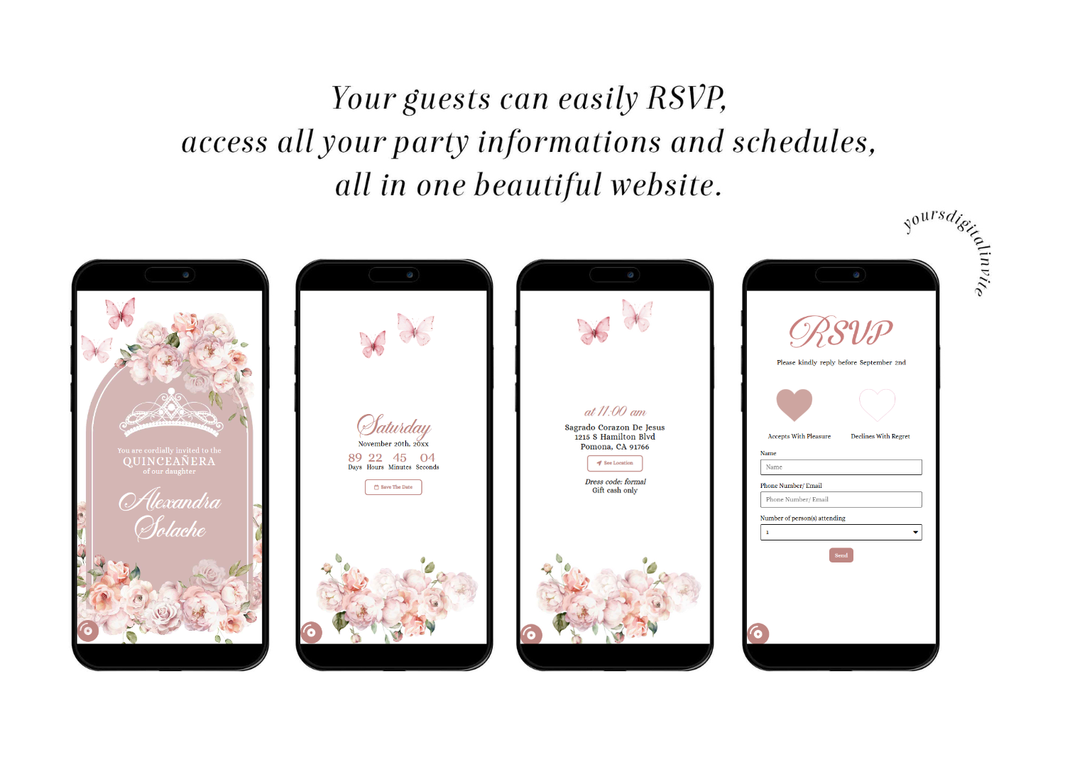 All A18 Pink2 Butterfly Rose Gold Pink Quinceanera Invitation