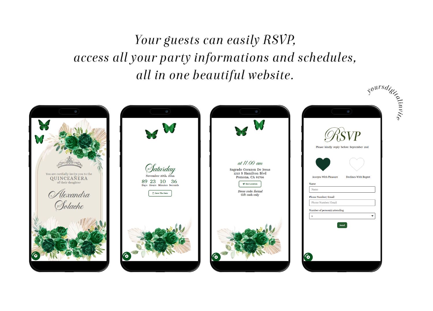 Boho Emerald Green Pampas Grass Quinceanera Invitation