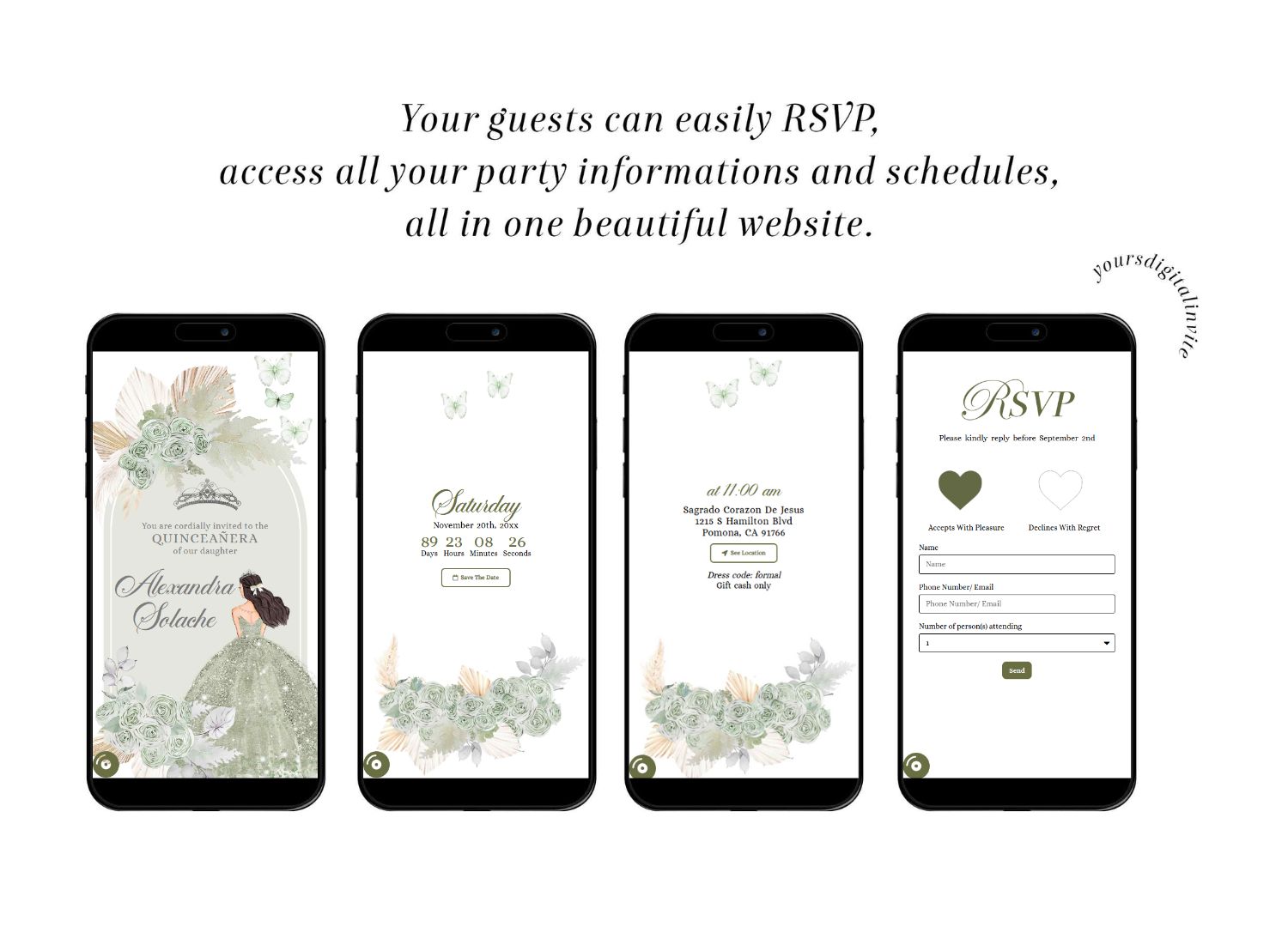 All A18 sage A18 Boho Sage Green Pampass Grass Quinceanera Princess Invitation