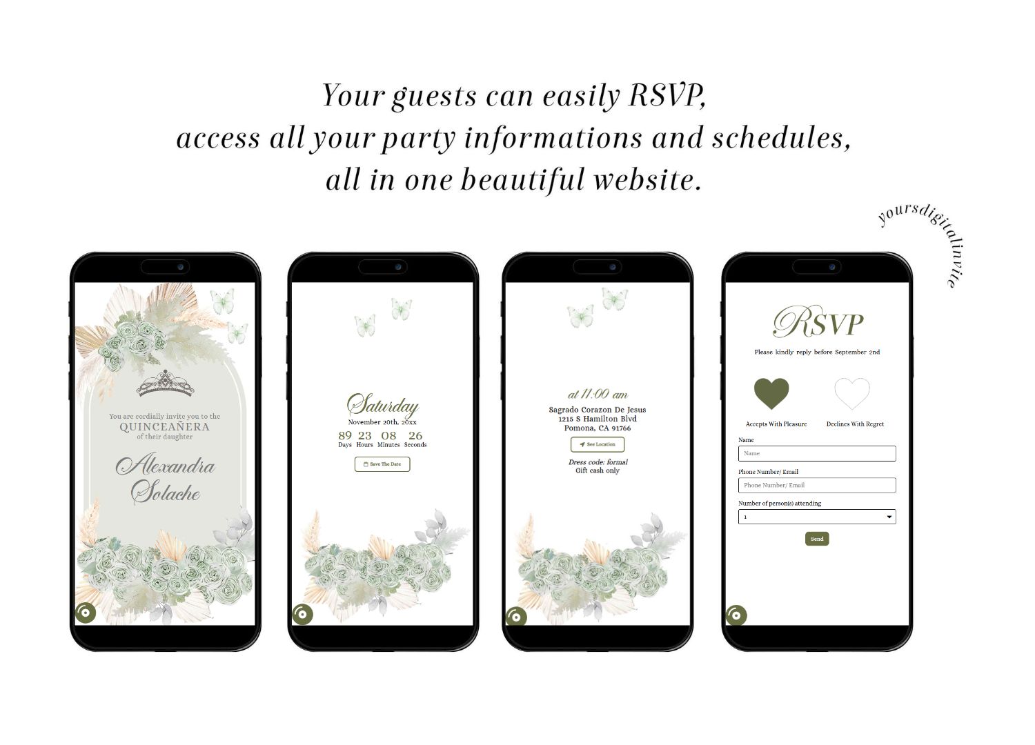 All A18 sega Sage Green Western Charra Quinceanera Princess Invitation