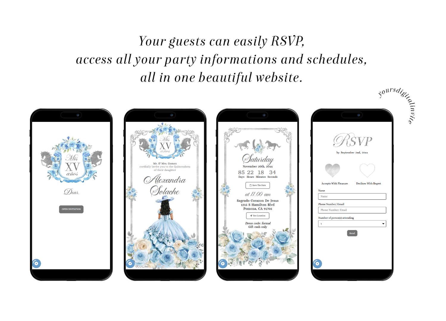 A19 Light Blue Rose Western Charra Quinceanera Princess Invitation