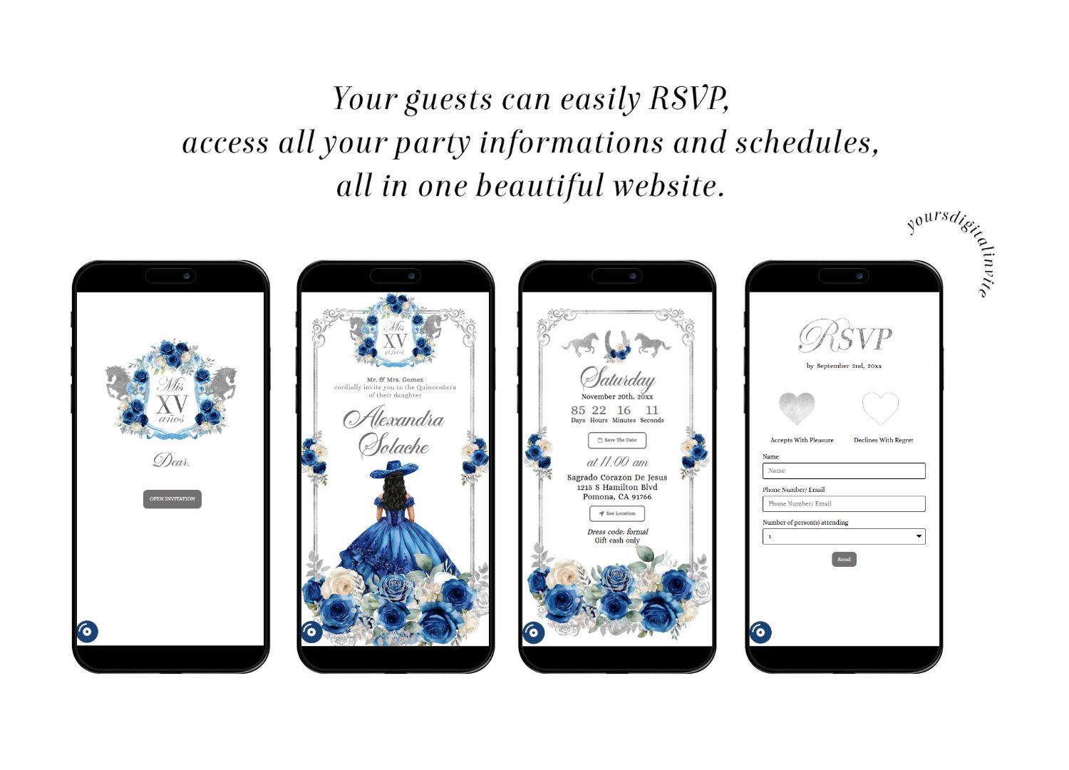 Navy Blue Rose Western Charra Quinceanera Princess Invitation