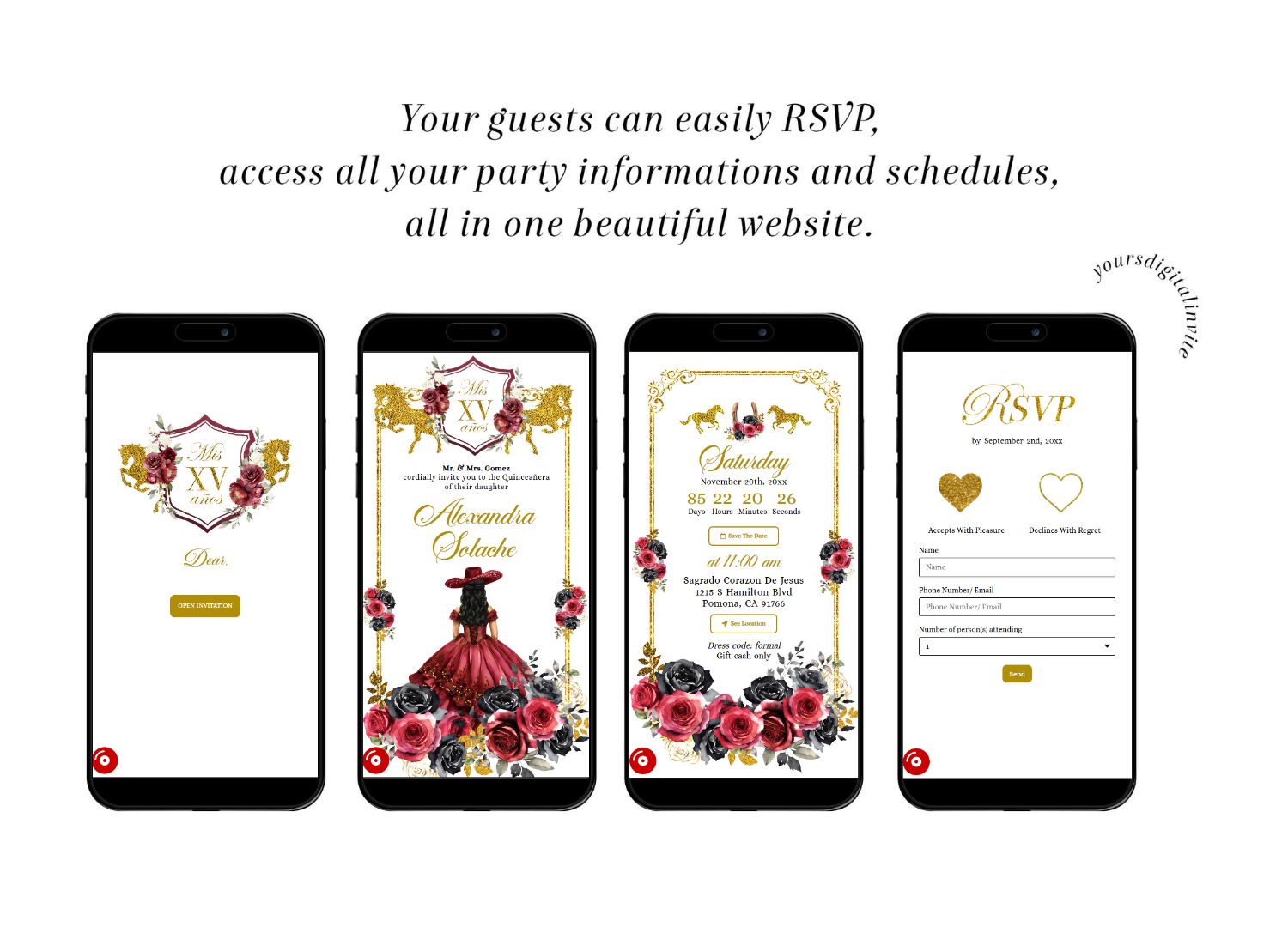 Black and Red Rose Western Charra Quinceanera Princess Invitation