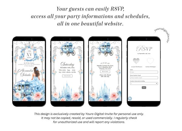 A20 Blush Pink and Blue Carriage Royal Princess Quinceanera Invitation
