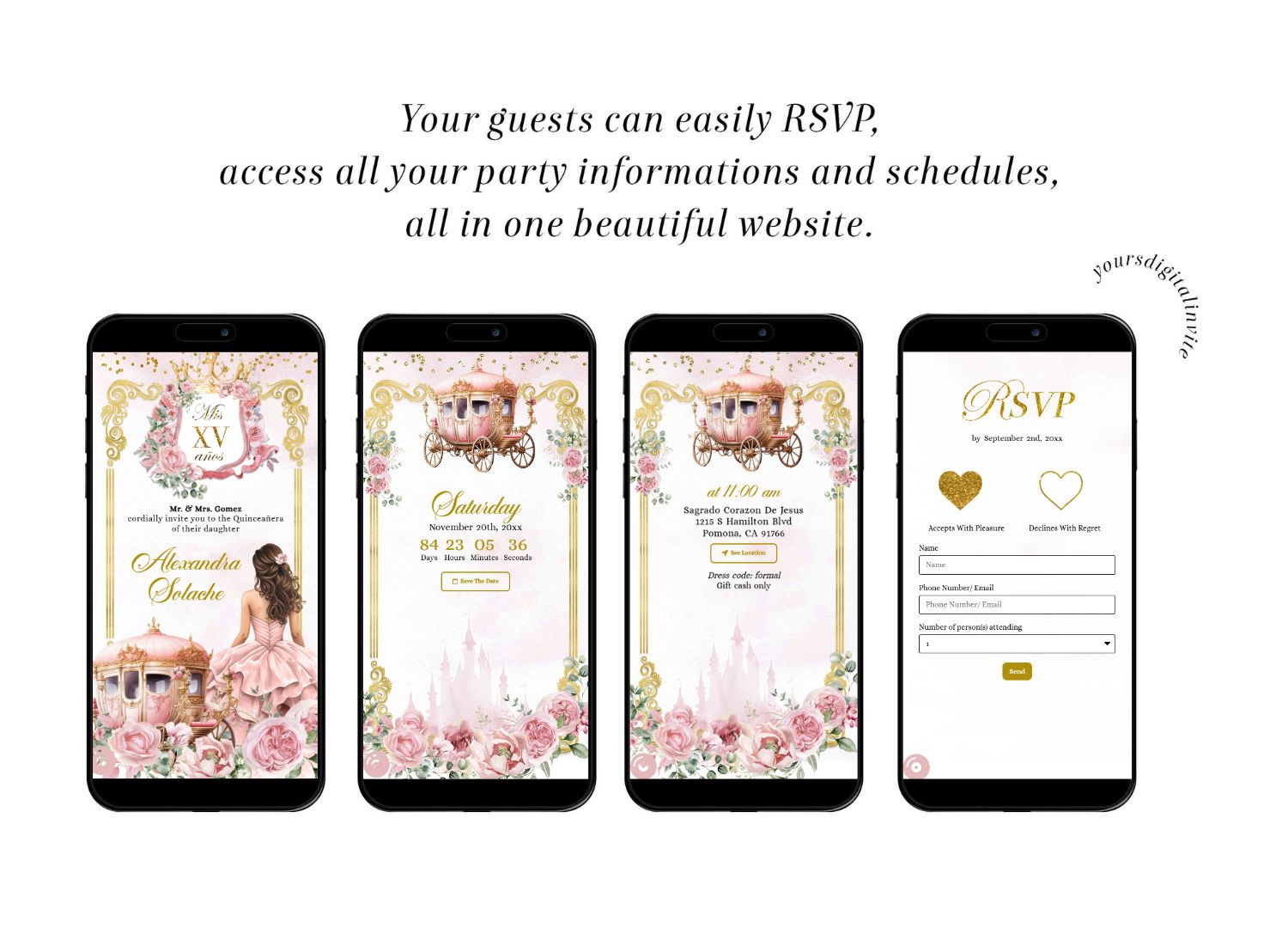 Rose Gold Royal Castle Princess Quinceanera Invitation