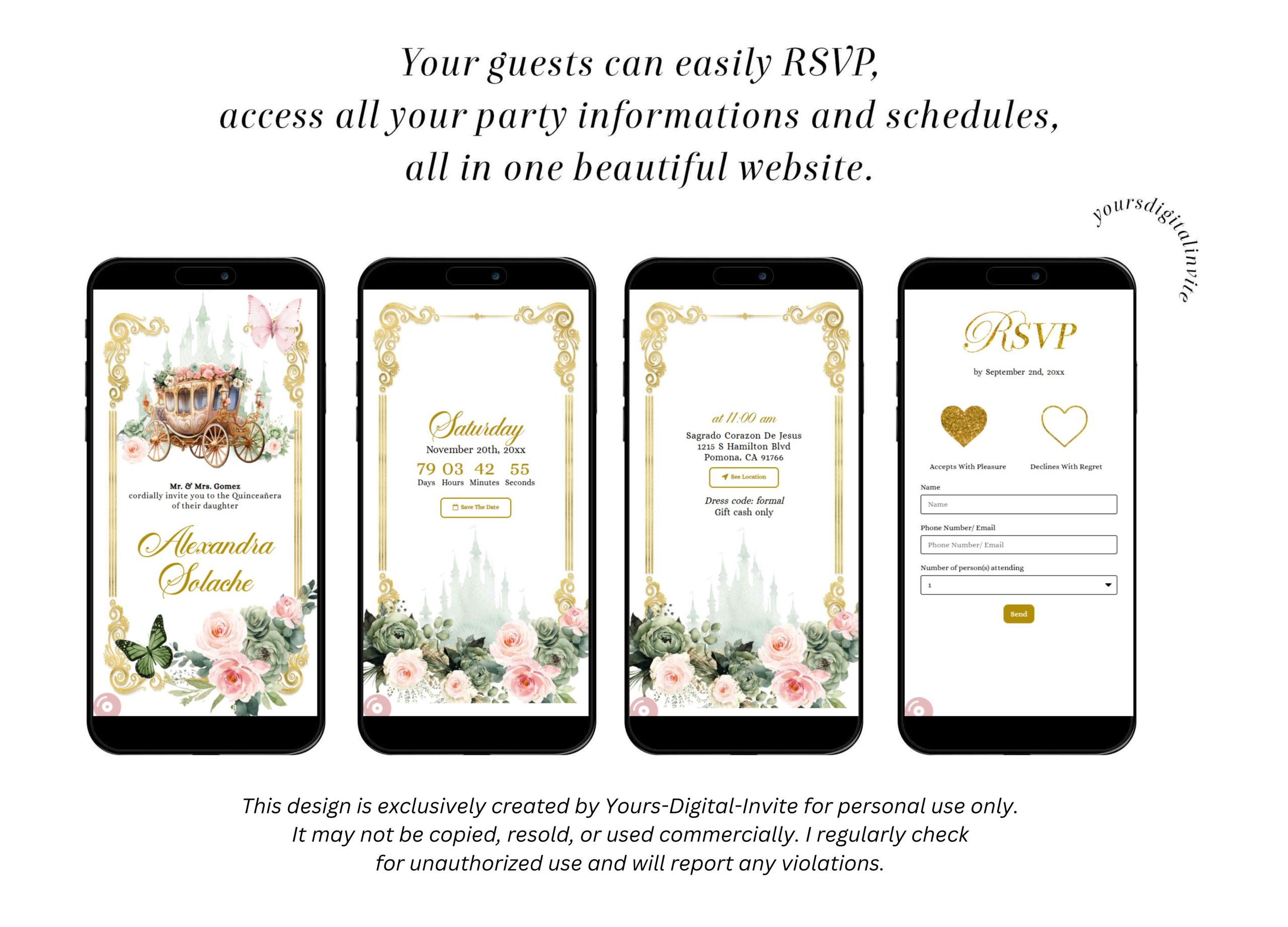 A20 Sage Green Pink Fairytale Princess Royal Carriage Quinceanera Invitation