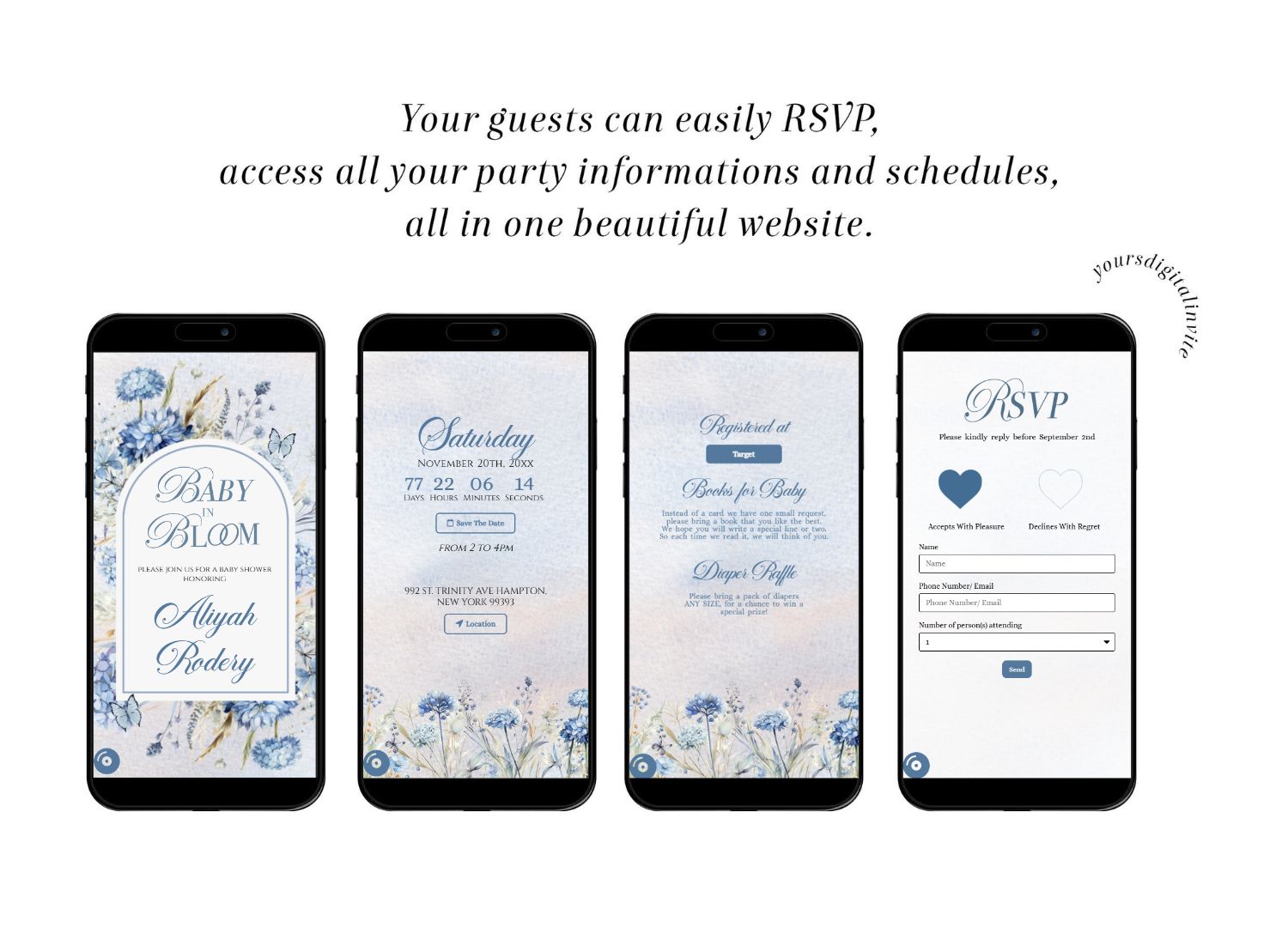 All hyrd A4 Blue Hydrangea Baby Shower Invitation