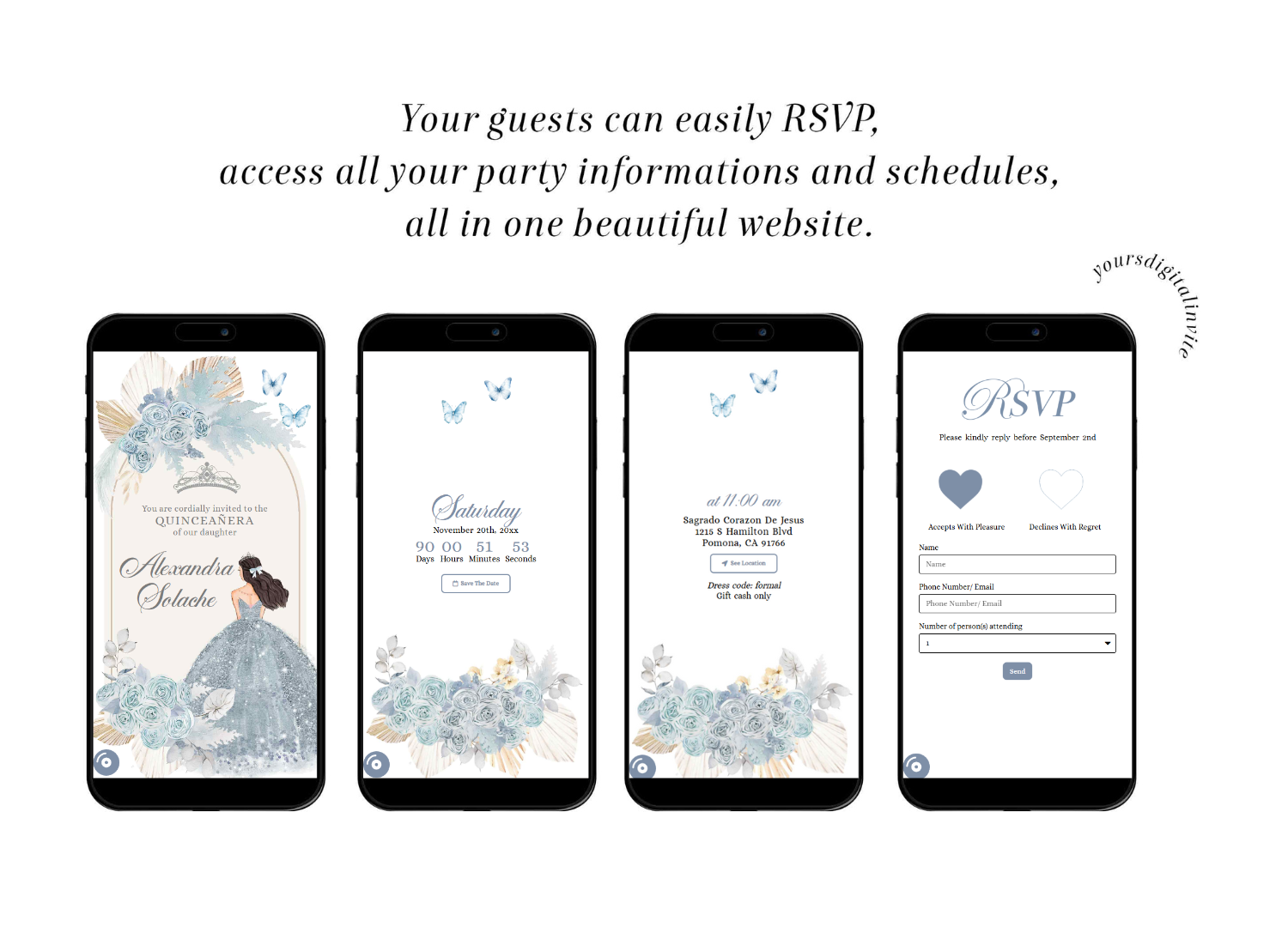 A18 Baby Blue Boho Pampass Grass Quinceanera Princess Invitation