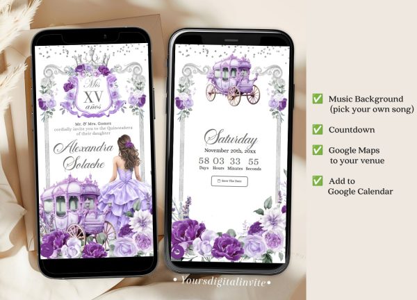 A20 Silver and Purple Carriage Royal Princess Quinceanera Invitation