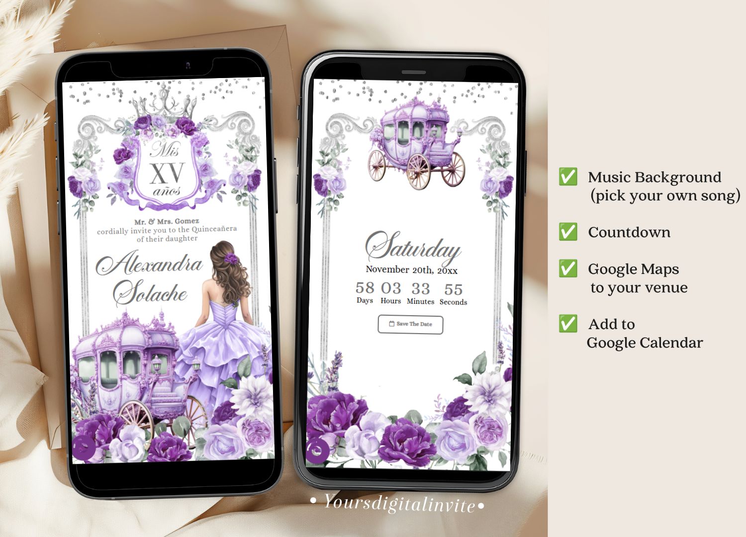 1+3 A20 purple A20 Silver and Purple Carriage Royal Princess Quinceanera Invitation