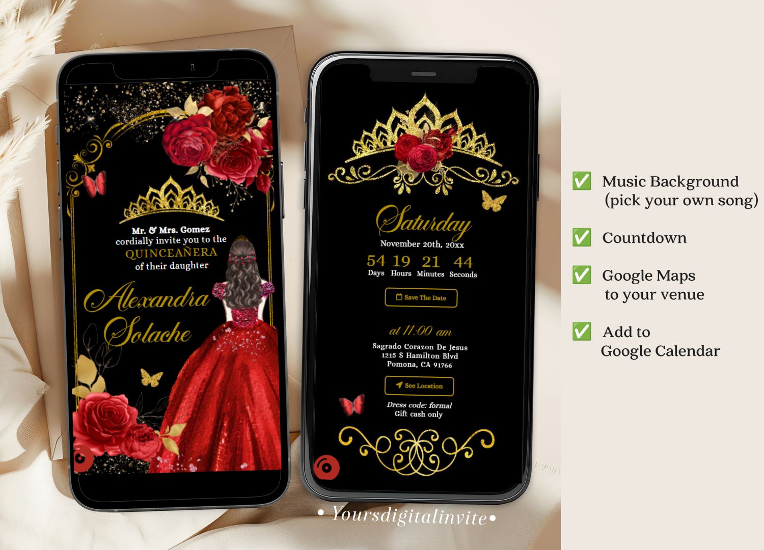 Elegant Black and Red Roses Royal Princess Invitation Countdown